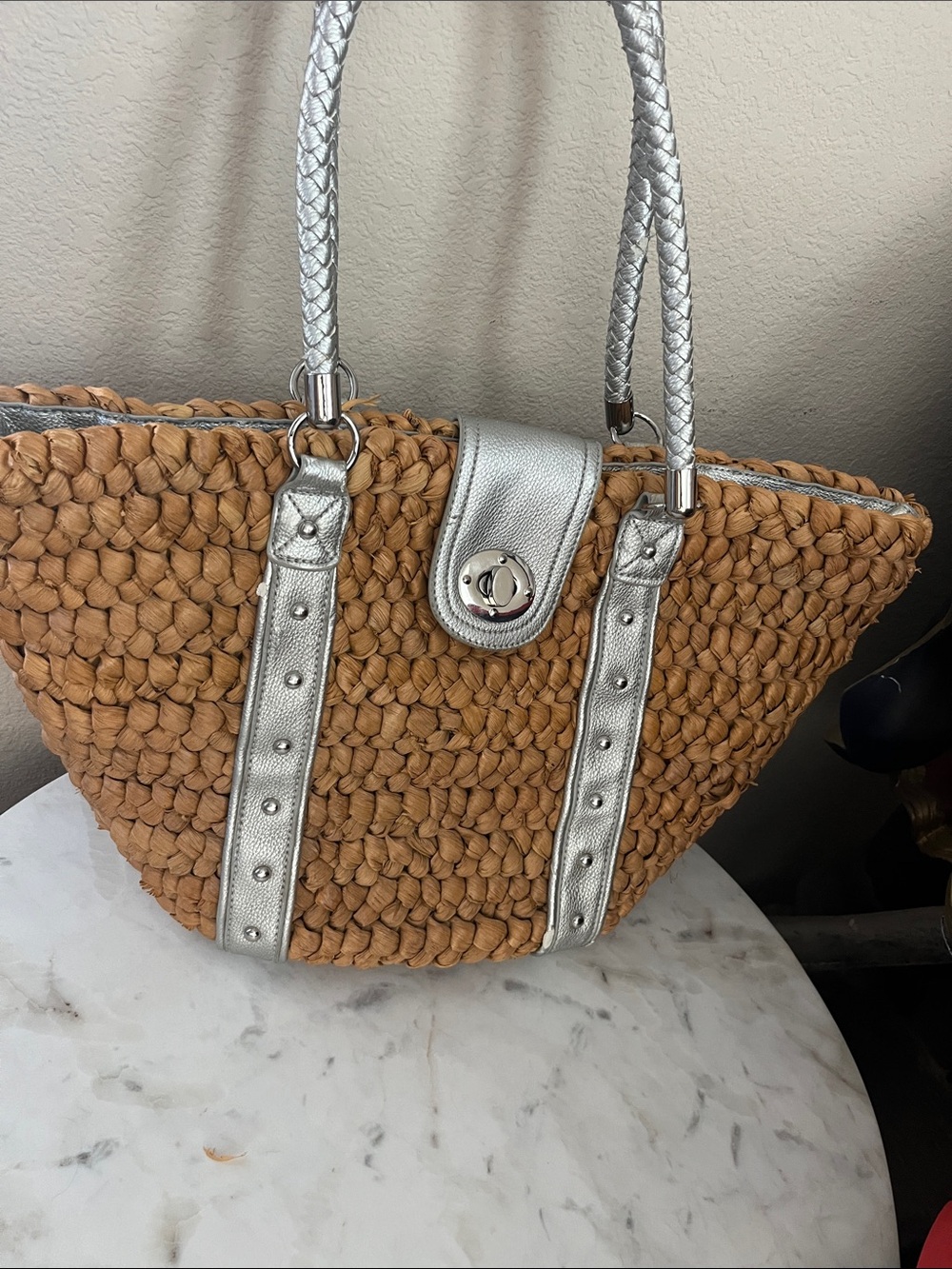 Colleen Lopez Tan Woven Tote with Silver Accents
